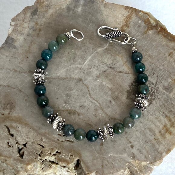 Sterling Silver 925 Round Green Moss Agate Beaded Bracelet Sz 6.75" - Picture 12 of 16
